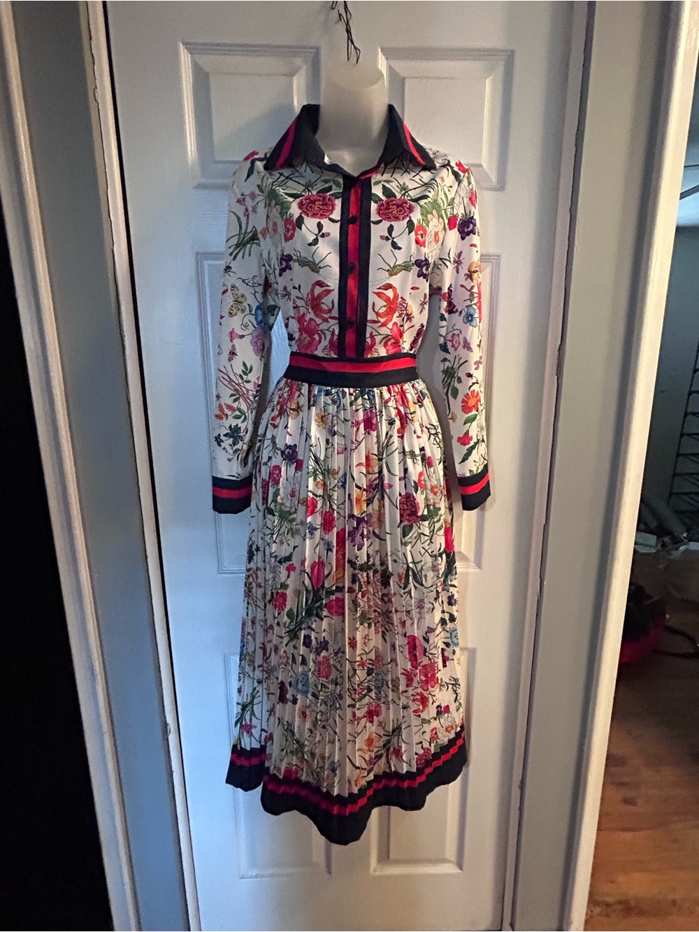 White Floral Pleated Midi Dress with Pink and Black Trim